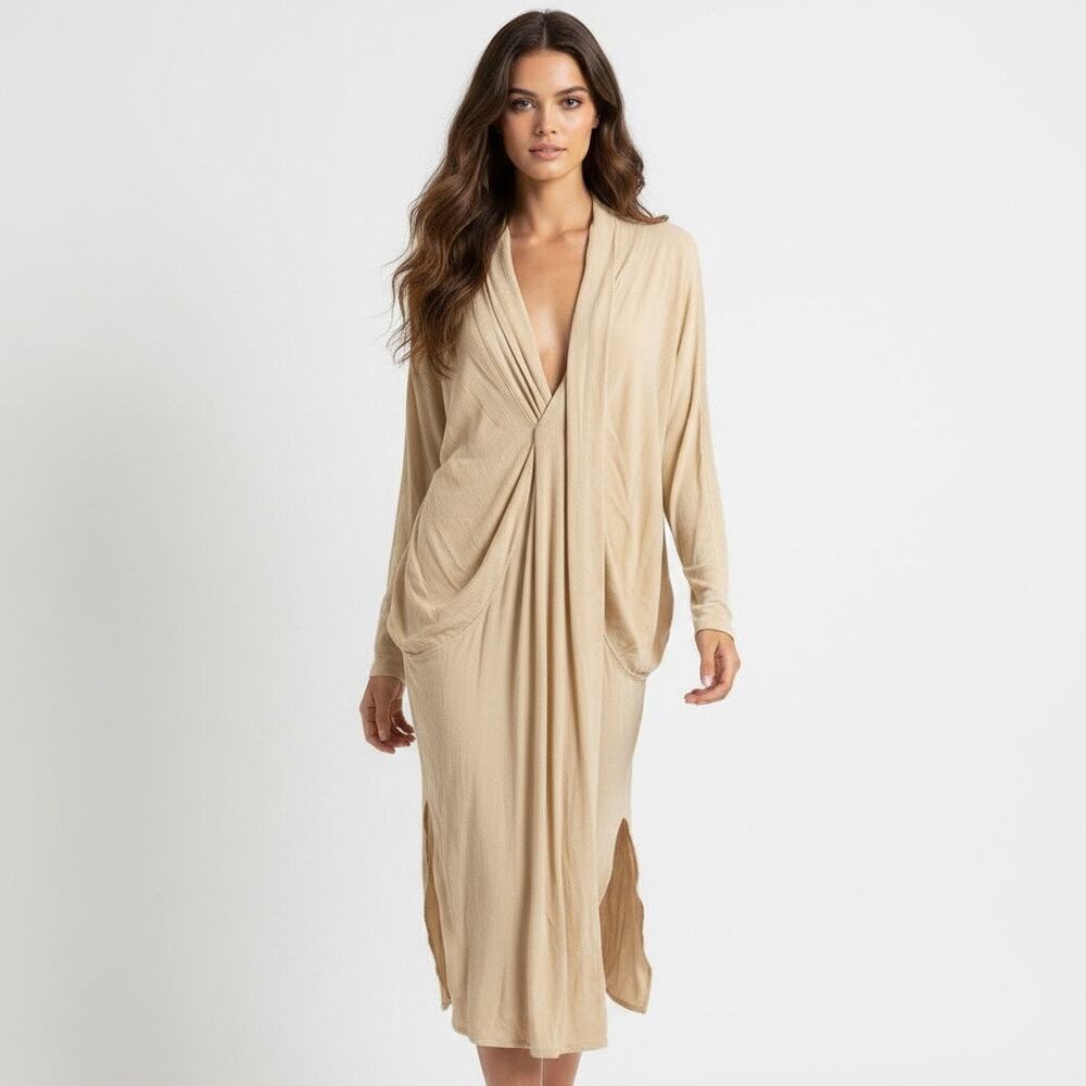 Myrah Penaloza Slouchy Drape Midi Dress Batwing Long Sleeve Sleeve Boho OS VNeck